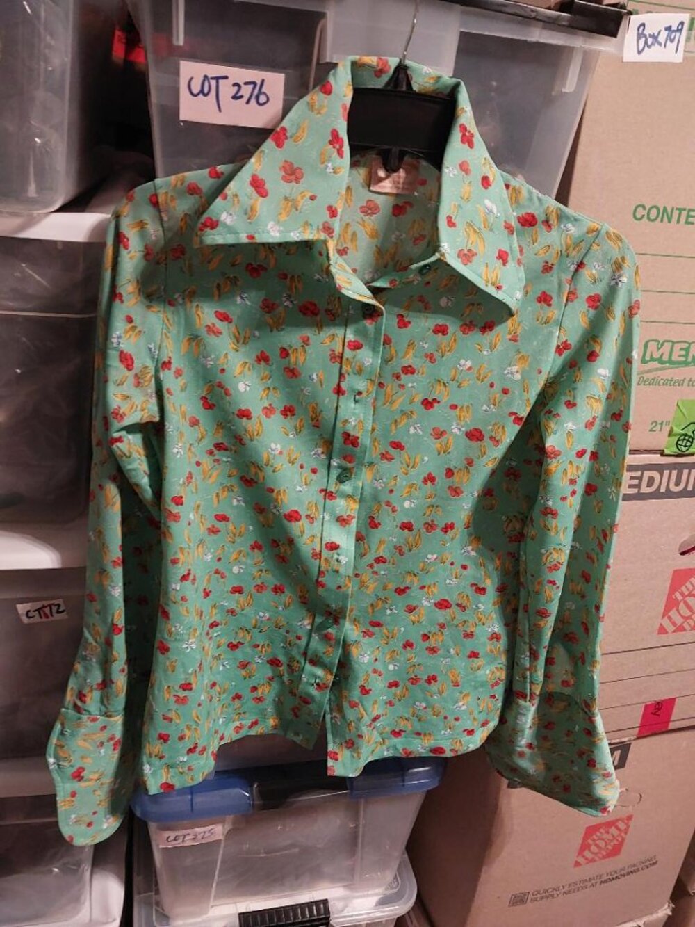 Vintage Green With Floral Print Daggert Collar Blouse Size S